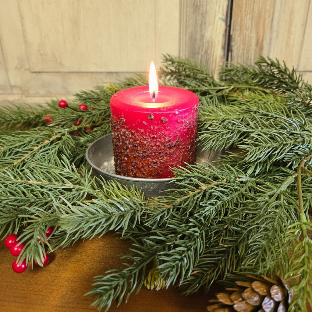 Pink candle with a flame on a bed of green pine branches and red berries.