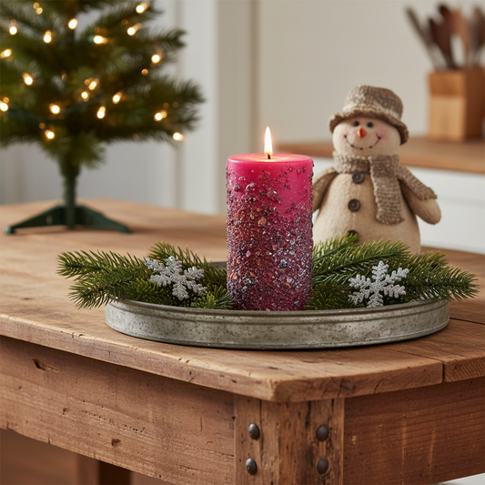 Pink candle on a wooden table with a snowman decoration and Christmas tree in the background