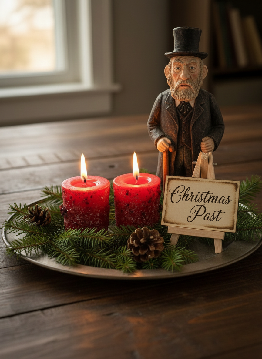 Wooden figurine of an elderly man with a top hat, holding a sign that says 'Christmas Past', next to two lit red candles on a wooden surface.