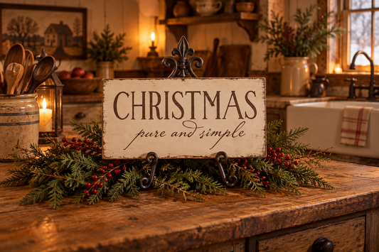 A rustic distressed wooden sign reading 'CHRISTMAS pure and simple' displayed on a kitchen counter, surrounded by green pine branches and red berries in a warm, cozy holiday kitchen setting.