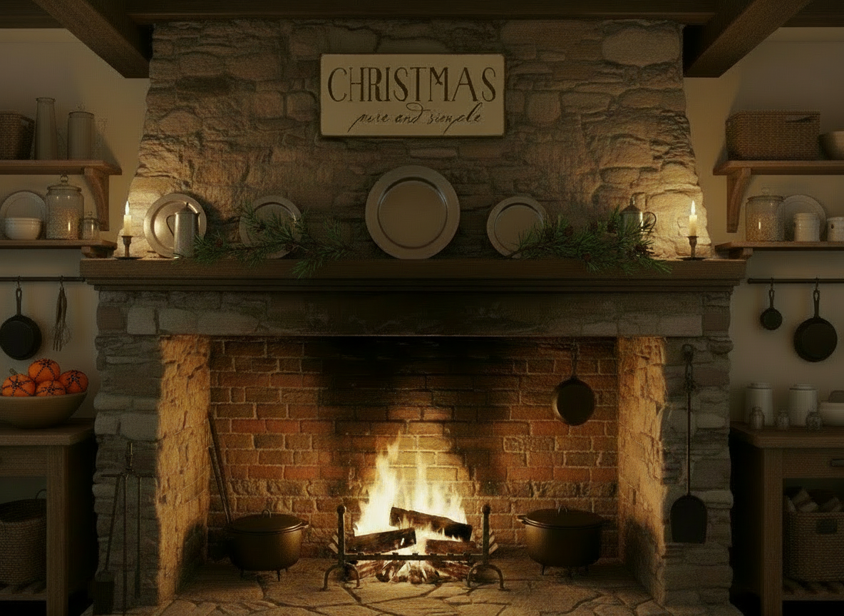 Decorative Christmas sign with candles and greenery on a kitchen counter.