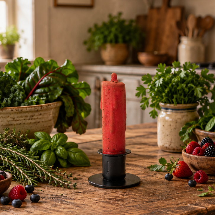 Candle in black tin cup on an antique table with greens and berries.