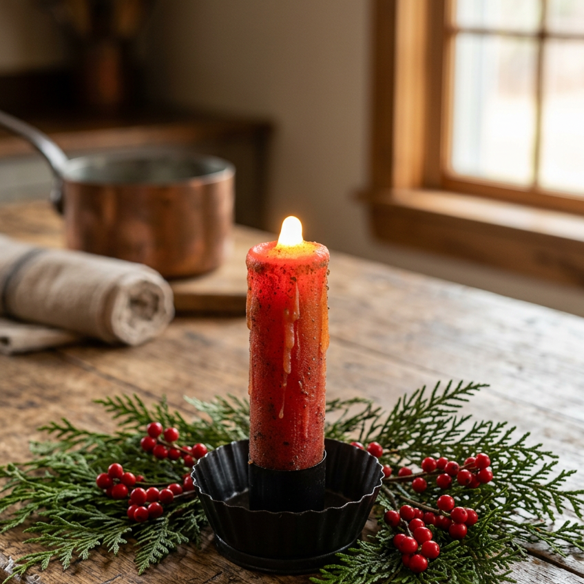 A lit red candle in a black holder, surrounded by green pine branches and red berries on a rustic wooden table, with a softly blurred kitchen background.
