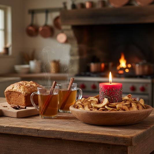 Candle in wooden bowl with apple slices next to baked bread and mugs of cider in a kitchen.