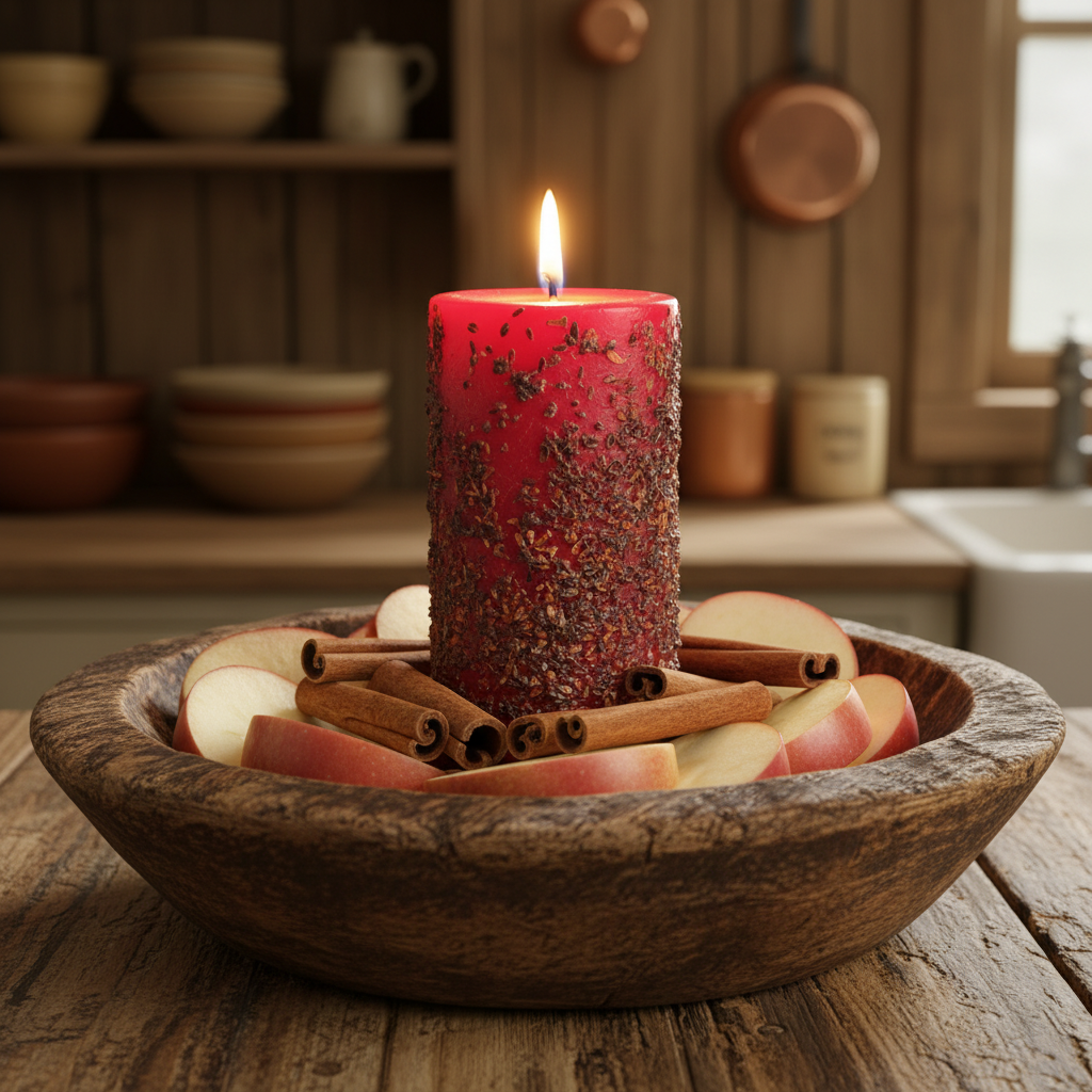 Red candle in a wooden bowl with apples and cinnamon sticks on a rustic wooden table.