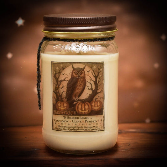 A white jar candle with a label featuring an owl and pumpkin design, indicating cinnamon, clove, and pumpkin scent.