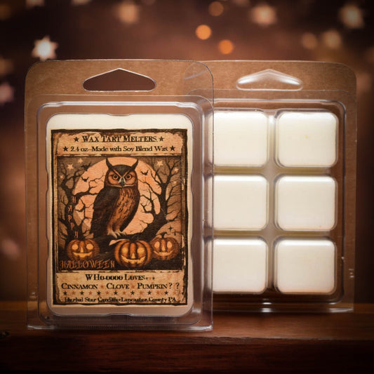 Clear clamshell packaging of wax tarts with artwork of an owl and pumpkins