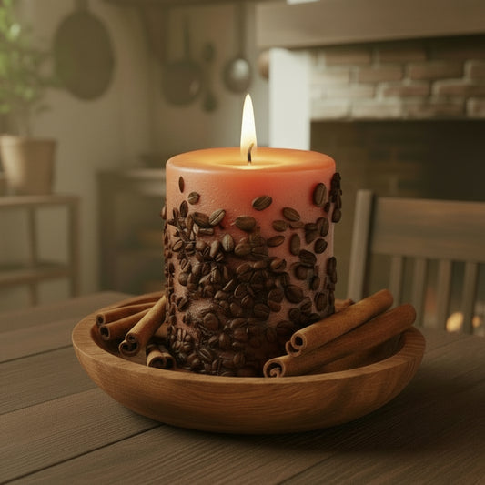 Candle with cinnamon bits on a wooden table in a cozy room with a fireplace.