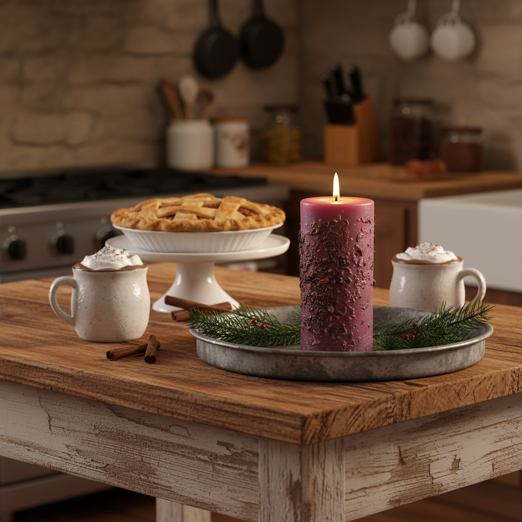 Candlelit scene with hot chocolate, pie, and cinnamon sticks on a wooden table in a kitchen.
