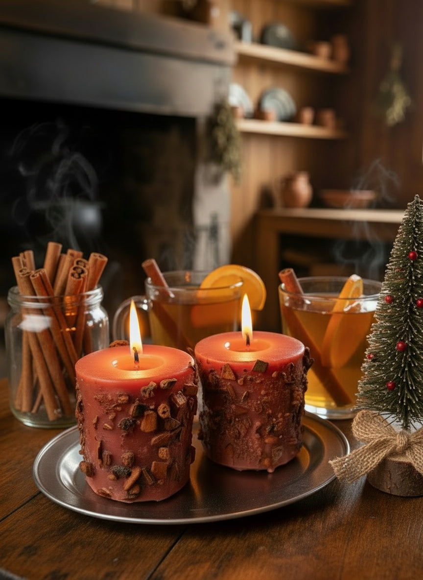 Two lit votives in a kitchen setting with bottle brush tree.