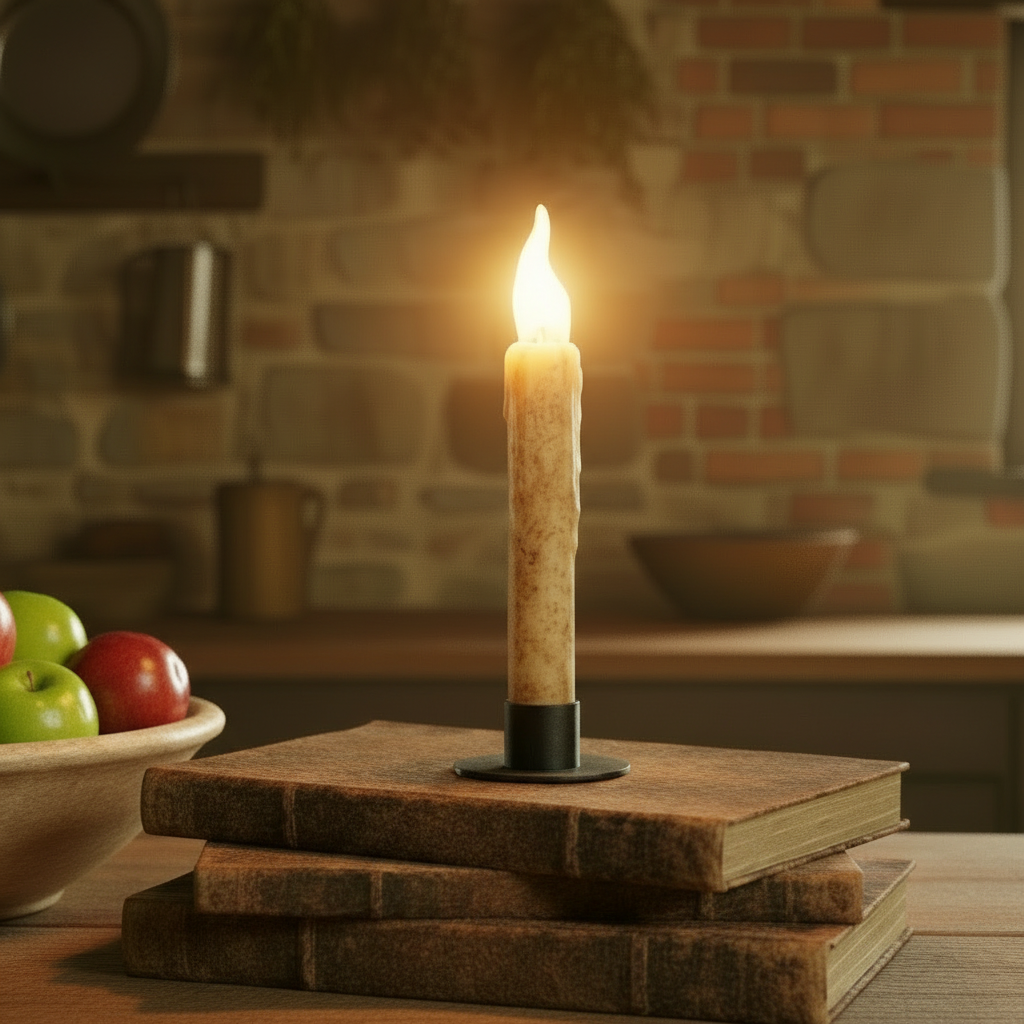 Candle on a stack of books with a brick wall background