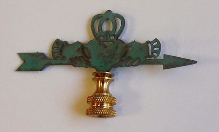 Verdigris lamp finial in a traditional Irish Claddagh design with hearts, hands and crown