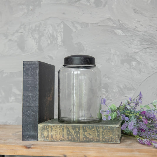 CLEAR GLASS APOTHOCARY JAR W/ BLACK LID