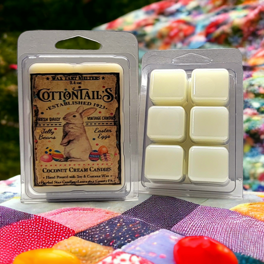 Mini pack of 6 coconut cream scented wax tarts in clear plastic clamshell packets, displayed on a colorful fabric background.