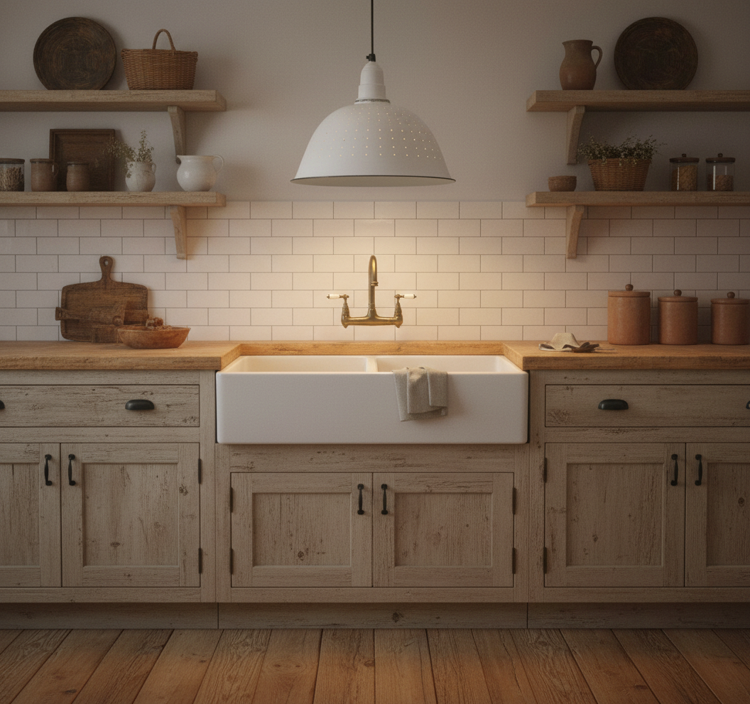 Nestled kitchen with wooden cabinets, a white sink, and shelves with various items.
