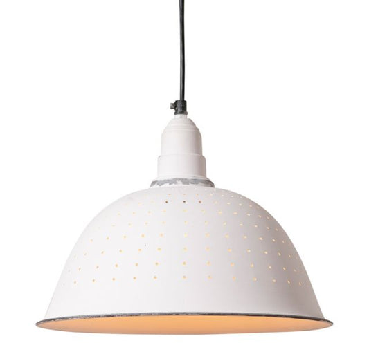 A rustic white pendant light with small holes, ceiling plate, and black clutch wire for hardwire installation.