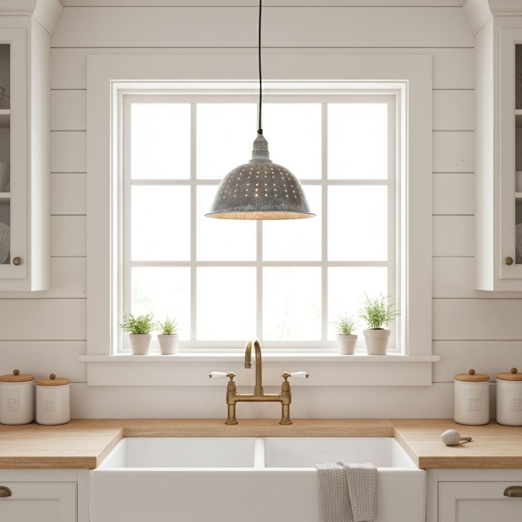 Modern kitchen with white sink, wooden countertops, and a large window.