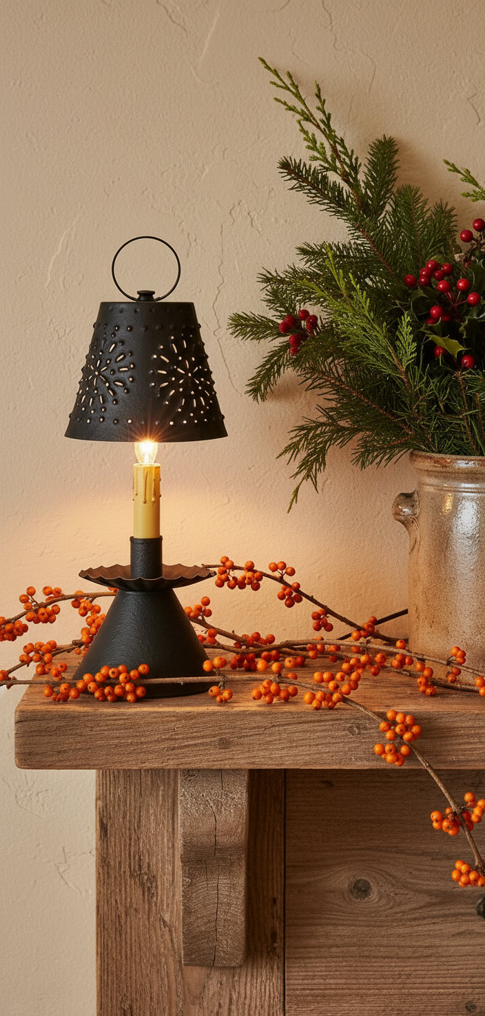 Decorative black lantern with a lit candle on a wooden surface with berries and greenery.