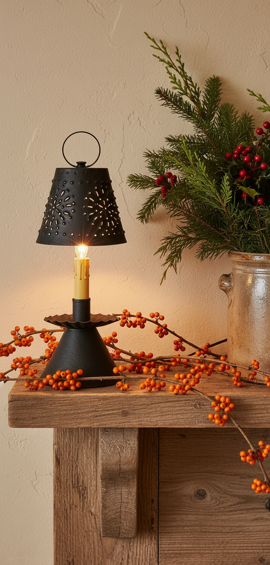Decorative black lantern with a lit candle on a wooden surface with berries and greenery.