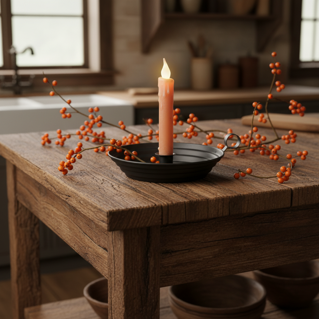 Candle in a black holder on a wooden table with orange berries