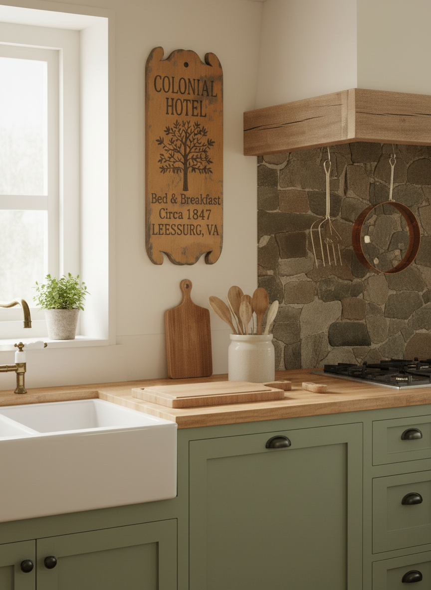 Kitchen interior with green cabinets, wooden countertops, and a stone backsplash.
