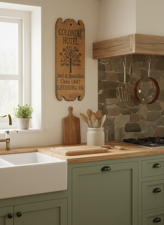 Kitchen interior with green cabinets, wooden countertops, and a stone backsplash.