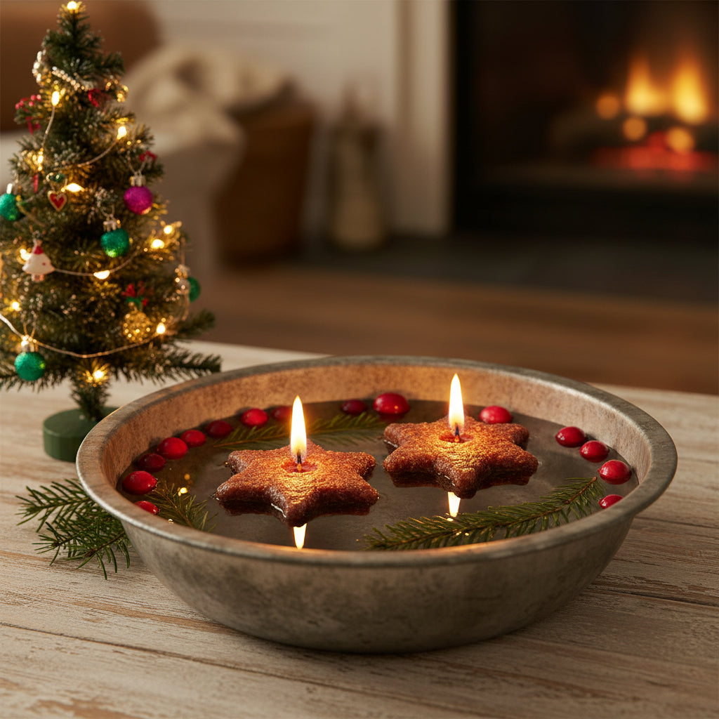 Decorative bowl with floating star-shaped cookies and candles next to a small Christmas tree and fireplace.