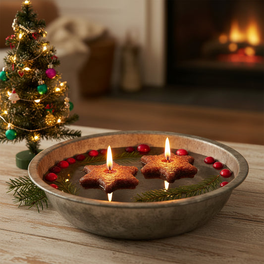 Decorative bowl with floating star-shaped cookies and candles next to a small Christmas tree and fireplace.