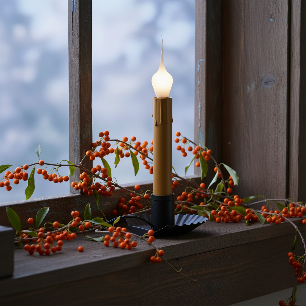 Decorative lamp with berries on a windowsill