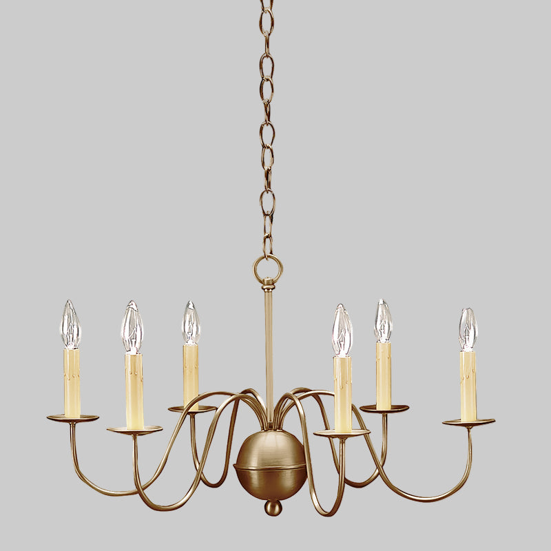 Bronze chandelier with six candle-style lights on a gray background