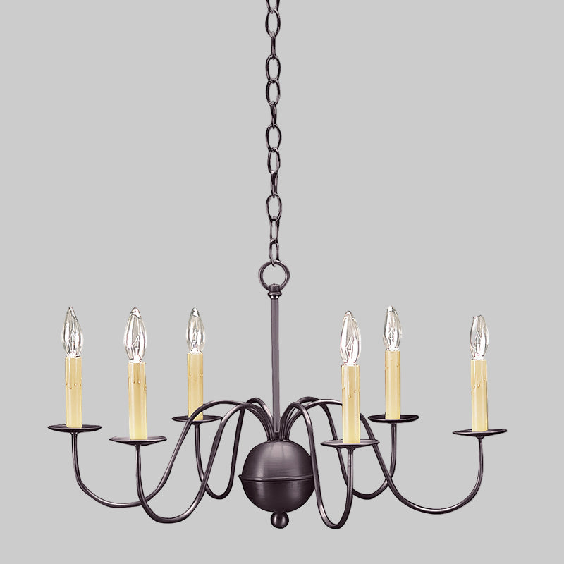 Black chandelier with six candle-style lights on a gray background