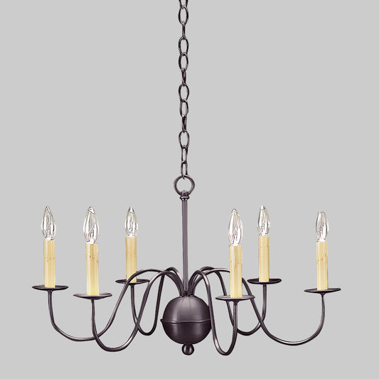 Black chandelier with six candle-style lights on a gray background