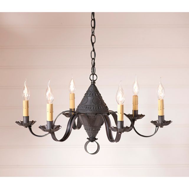 Black wrought iron chandelier with six candle-style lights on a beige background