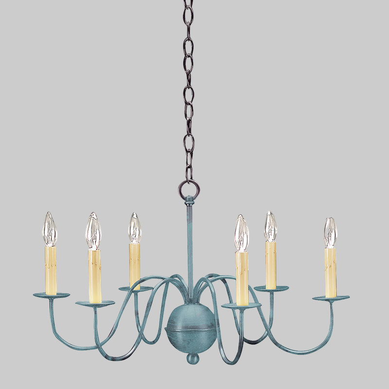 Blue chandelier with six candle-style lights on a gray background