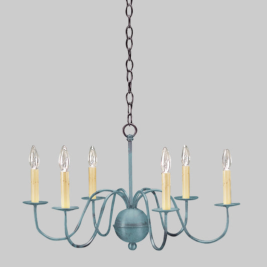 Blue chandelier with six candle-style lights on a gray background