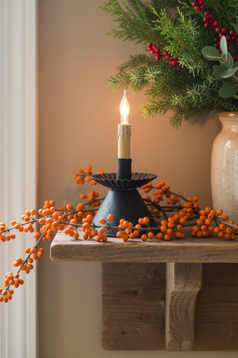Decorative candle holder with a lit candle on a wooden surface, surrounded by festive greenery and berries.