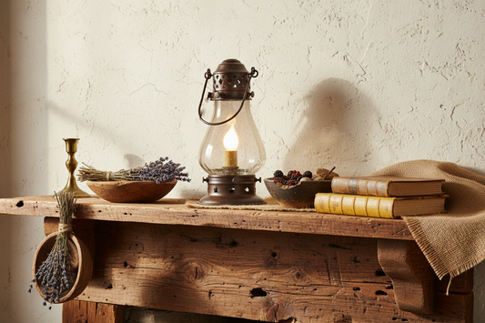Vintage-style lantern on a wooden surface with books and lavender.