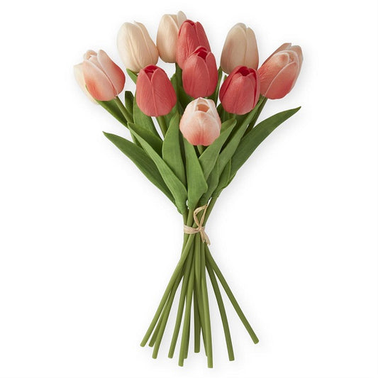 Bouquet of pink and red tulips on a white background