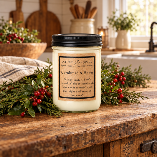 A 1853 Candle jar candle with a black lid and a rustic label reading 'Cornbread & Honey,' styled on a wooden table with greenery and red berries in a warm indoor setting.