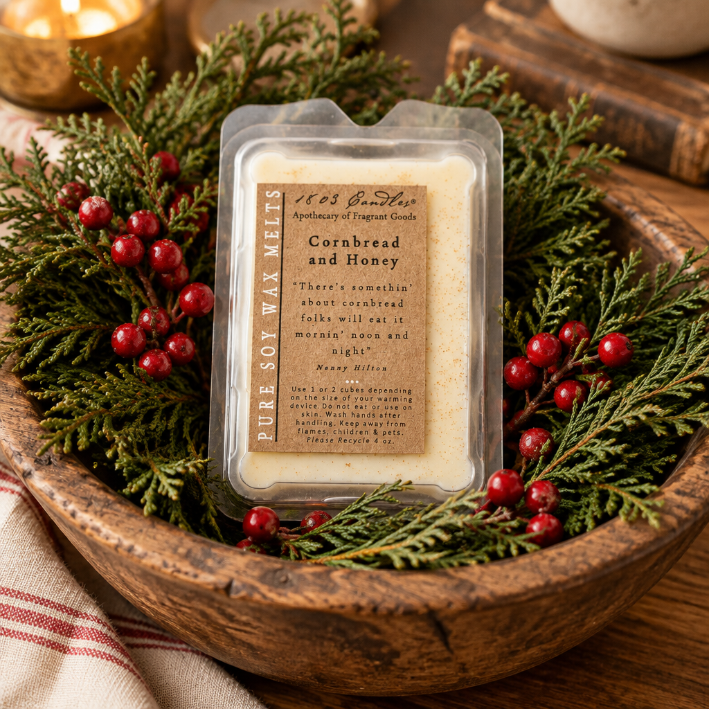 A packaged soy wax melt sits in a rustic wooden bowl surrounded by green pine branches and red berries. The product label reads '15 1/3 Barrel Co.