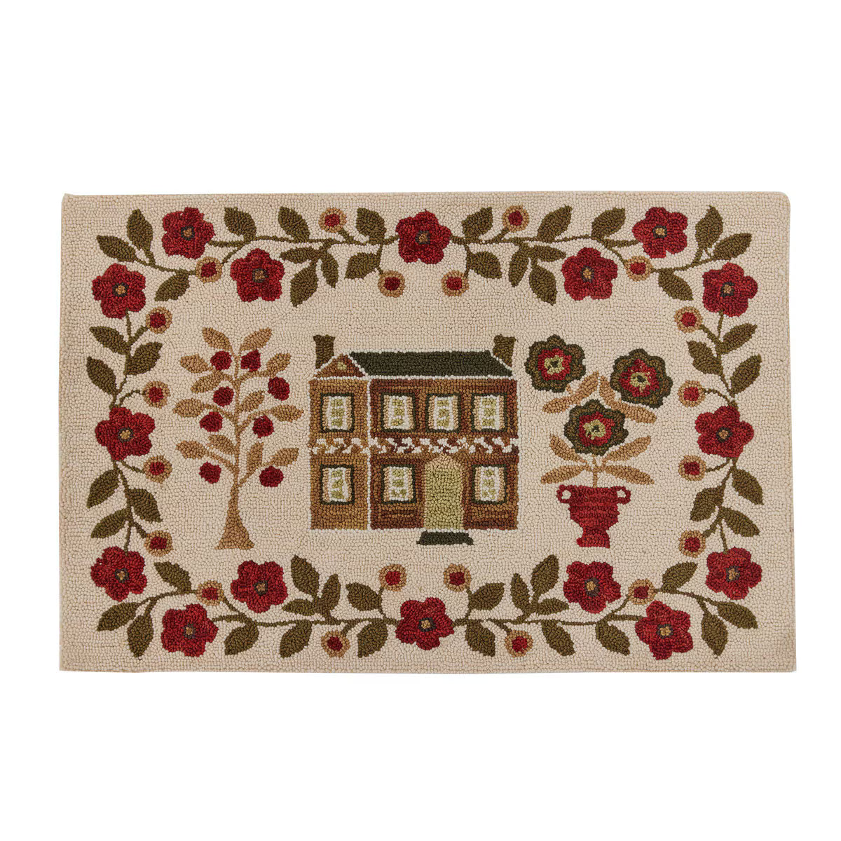 Decorative mat with a house and floral design on a beige background