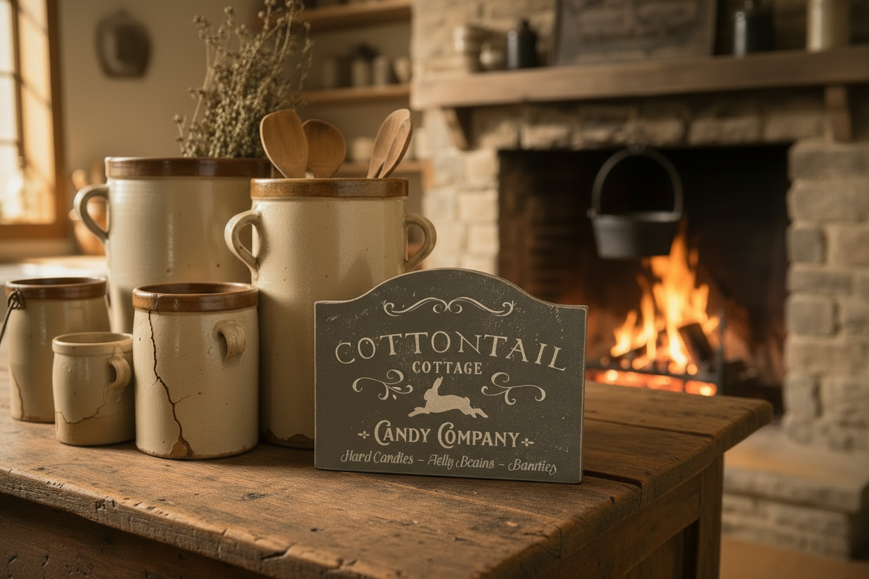Cottontail Cottage Candy Company sign on a wooden surface with ceramic containers.