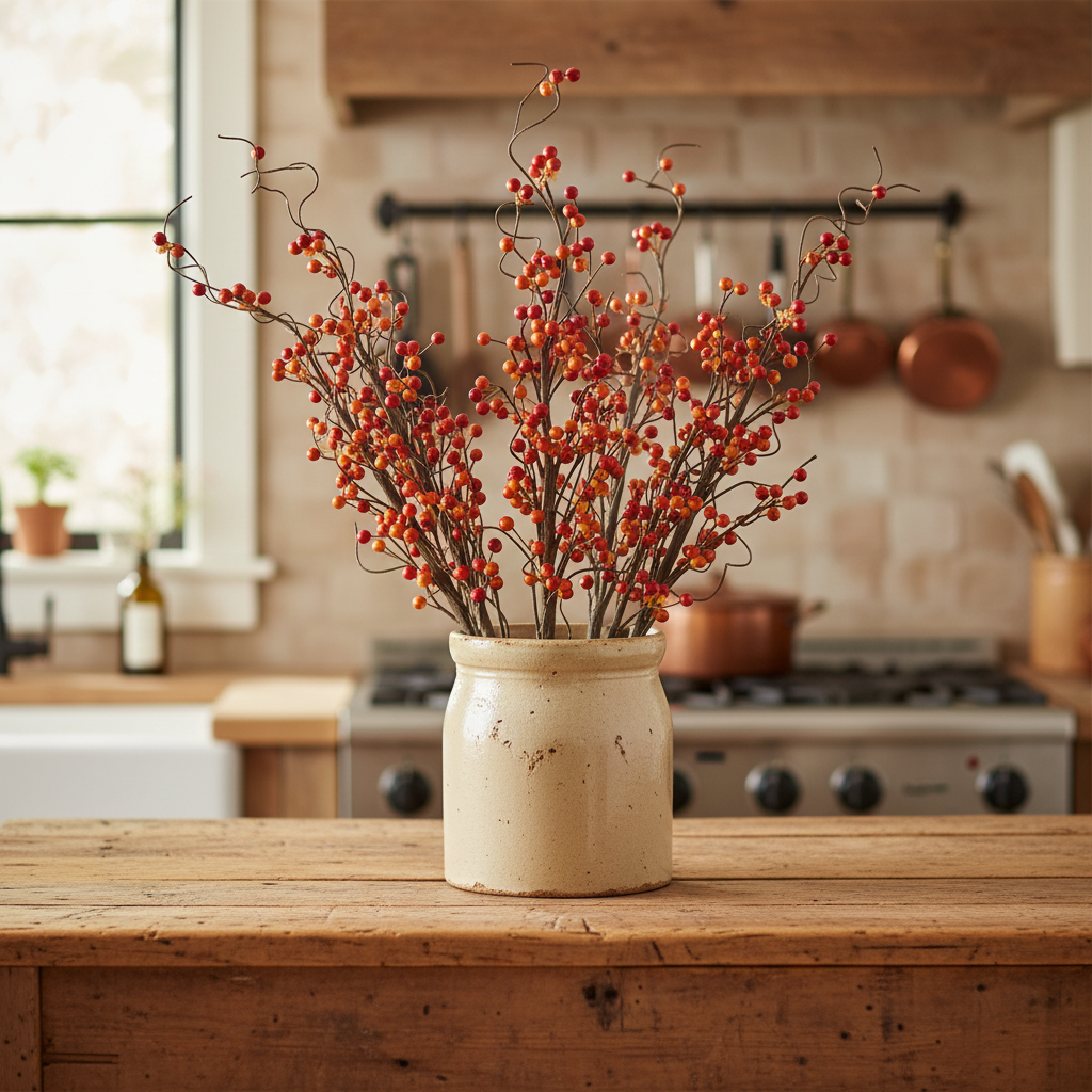 Decorative vase with red berries on a wooden kitchen counter