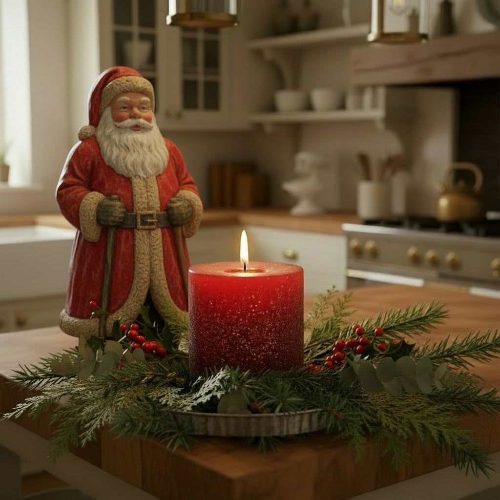Burning pillar candle surrounded by fresh greens and a Santa in a room setting.
