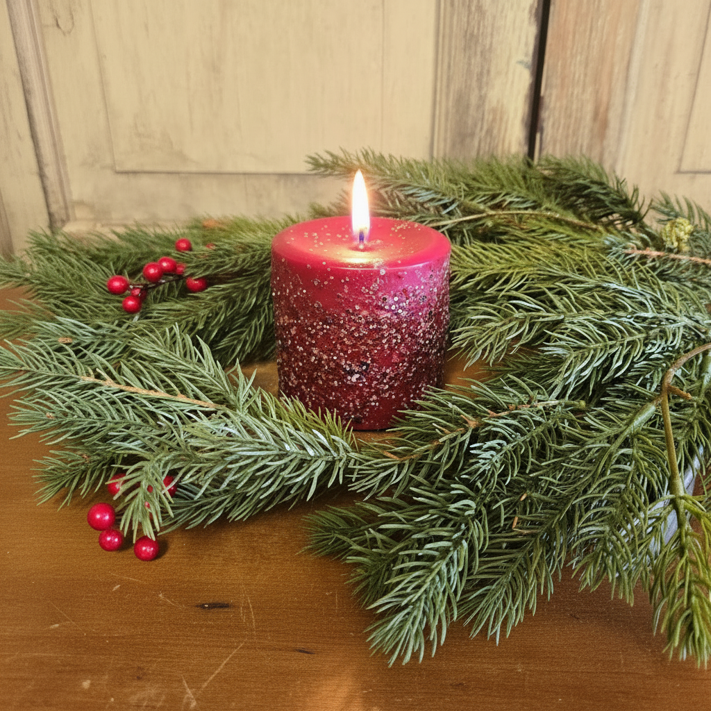 Pillar candle surrounded by candle ring with berries