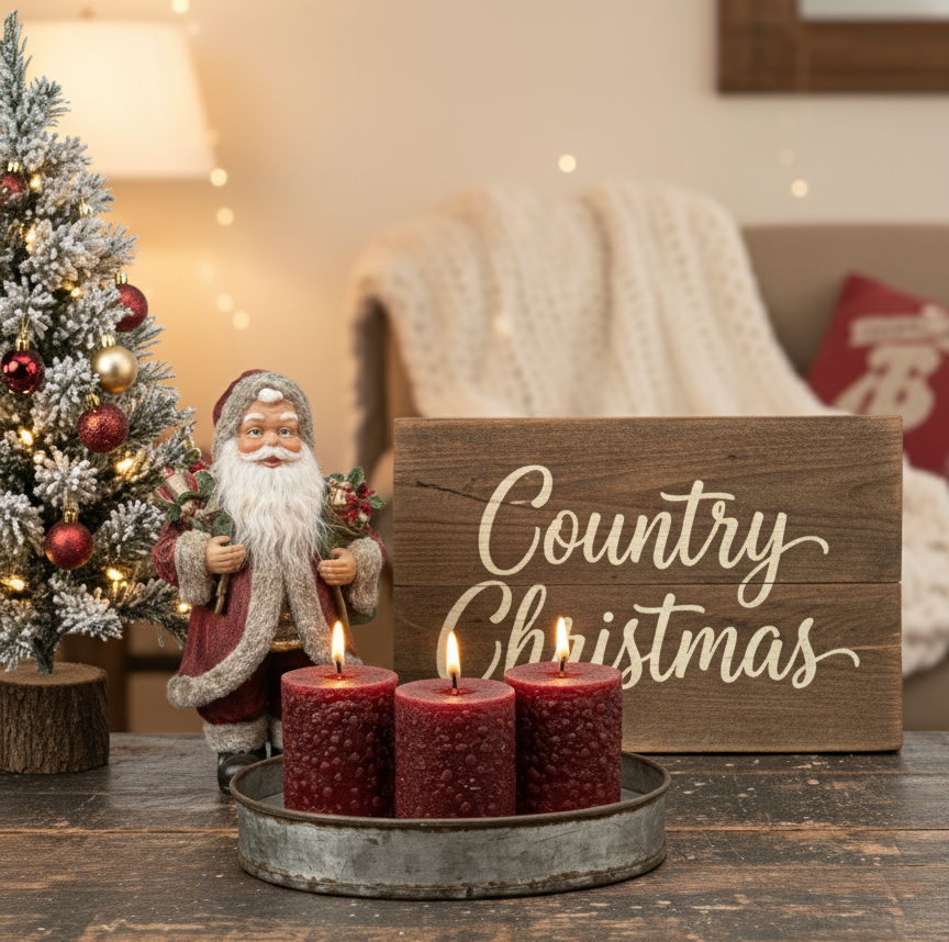 Decorative setup with candles, Santa figurine, and 'Country Christmas' sign on a wooden table.