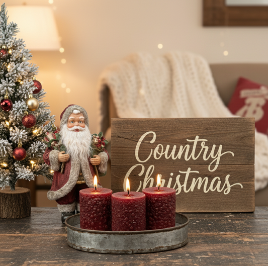 Decorative setup with candles, Santa figurine, and 'Country Christmas' sign on a wooden table.