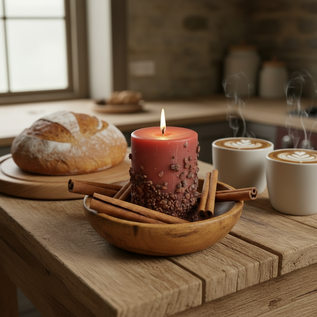 Brown candle with cinnamon sticks in a wooden bowl on a wooden table with bread and coffee.