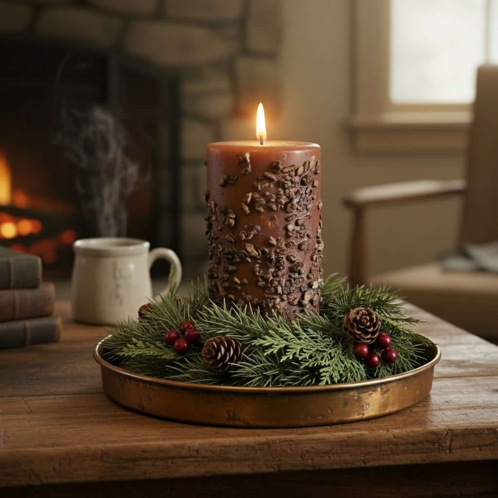 Burning pillar in a cozy room setting.