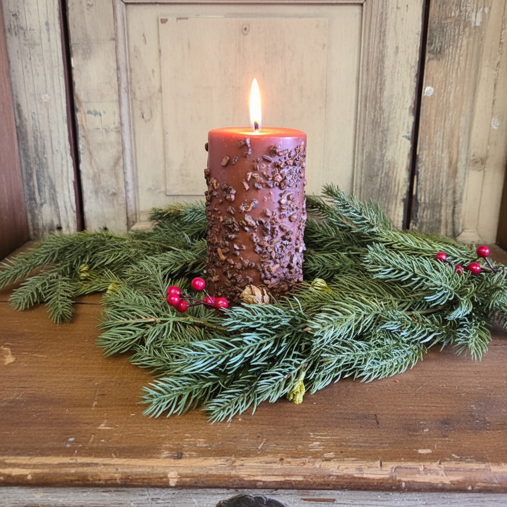 Decorative candle with textured surface and red berries on a bed of greenery against a wooden background
